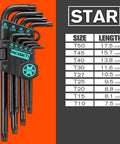 Heavy Duty Long Arm Hex Key Set With Ball End For SAE And Metric Allen Wrenches, Industrial Grade S2 Steel, Star key sizes