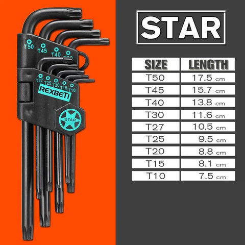 Heavy Duty Long Arm Hex Key Set With Ball End For SAE And Metric Allen Wrenches, Industrial Grade S2 Steel, Star key sizes