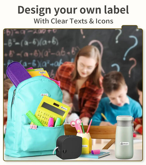 Pretty Slick Portable Label Maker With Bluetooth Pairing And Durable Mono Ribbon Tape For Totally Neat Home Desks And Dorms Super Pocket Sized Sticker Creator in a school setting with labeled items.