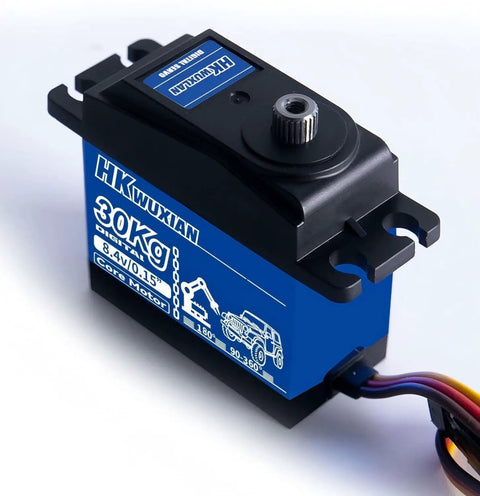 Badass 30Kg Metal Digital Servo With Heavy Duty Iron Drive Built For Rc Cars Robot Arms And Helicopters Featuring 180 Degree Sweep And Hella Ridiculous Torque close-up showing blue casing and control horns.