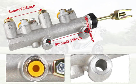 Brake Master Cylinder Assembly For Emerge Golf Carts E2 And E4 Replacement dimensions and fittings shown in detail.