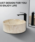 16 Inch Marbled Round Vessel Sink With Pop Up Drain For Bathroom Ceramic Above Counter Countertop Sink Large Dope Modern European Style With Sleek Shine And Rich Marble Look shown with faucet
