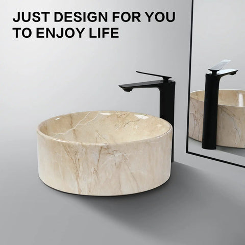 16 Inch Marbled Round Vessel Sink With Pop Up Drain For Bathroom Ceramic Above Counter Countertop Sink Large Dope Modern European Style With Sleek Shine And Rich Marble Look shown with faucet