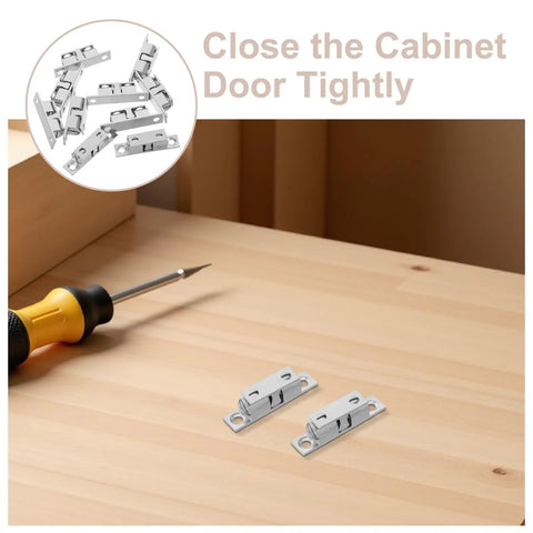 Solid Silver Copper Cabinet Door Rollers With Silent Close And Rust Resistant Finish, 10 Pack on wooden surface with screwdriver.