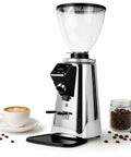 64mm Flat Burr Coffee Grinder With 750g Bean Hopper Adjustable Grind For Espresso Pour Over French Press next to a coffee cup and beans.