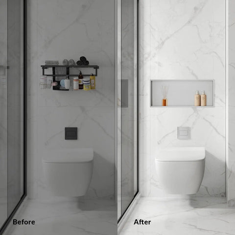 Before and after installation of Stainless Steel Shower Niche Recessed Bathroom Storage No Tiling Required 24x12 Inch Brushed Finish.