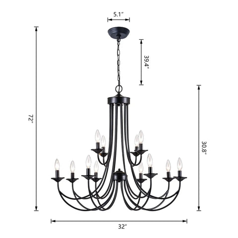 Farmhouse Twelve Light Candle Chandelier Black Wrought Iron Pendant Light 2 Tier Rustic Industrial Ceiling Fixture with dimensions.