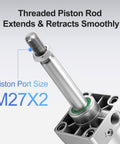 Close-up of Pneumatic Air Cylinder SC 125 x 200 Double Acting With Single Rod, M27x2 threaded rod detail with PT 1/2 port.