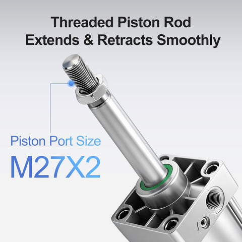 Close-up of Pneumatic Air Cylinder SC 125 x 200 Double Acting With Single Rod, M27x2 threaded rod detail with PT 1/2 port.