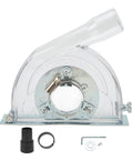 Universal Dust Shroud for 4 to 5 Inch Angle Grinders with clear guard, vacuum adapter, and installation kit components shown