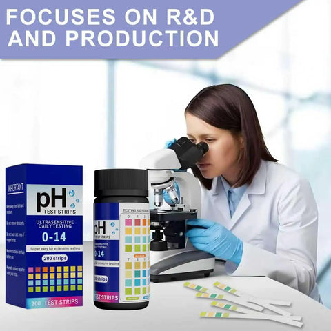 Scientist using microscope with 200 Count pH Test Strips 0 To 14 Universal Litmus Paper for DIY home testing in foreground