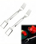 Two Pack Stainless Steel Watermelon Cutter Slicer Dual Head Kitchen Gadget With 2-In-1 Fork And Scoop next to watermelon cubes