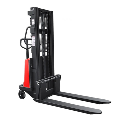 Heavy Duty 3500 Lbs Electric Pallet Stacker Forklift With Powerful 1.6KW Motor Offers Smooth Lift To Almost 95 Inches, iron frame and adjustable forks.