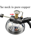 Close-up of Portable Butane Burner Stove with Adjustable Flame, Lab Style Bunsen Burner on Aluminum Bracket, valve switch detail.