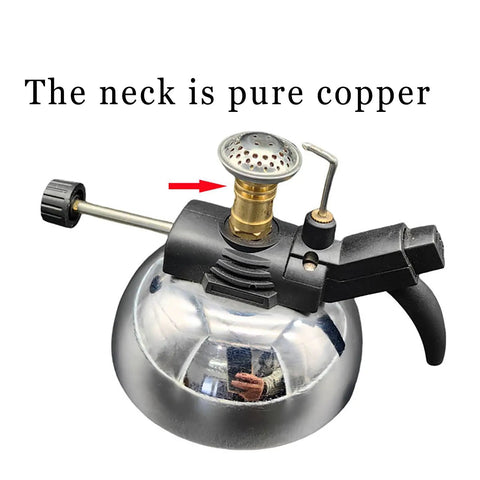Close-up of Portable Butane Burner Stove with Adjustable Flame, Lab Style Bunsen Burner on Aluminum Bracket, valve switch detail.