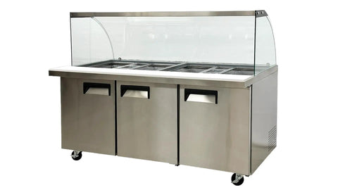 Commercial Buffet Cold Table Refrigerator Delivers Prime Cooling And Slick Stainless Steel Exterior 72 Inch Wide Salad Display Counter Fridge Cooler with glass cover.
