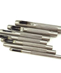 Leather Craft Hollow Hole Punch Set Pro Grade 7 Piece Round Punch Tool in steel with knurled grip for leatherworking.