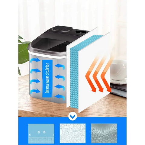 Compact Countertop Ice Maker That Chills Water Hella Fast For Crush Ready Cubes In Minutes showing internal water circulation and cooling design.