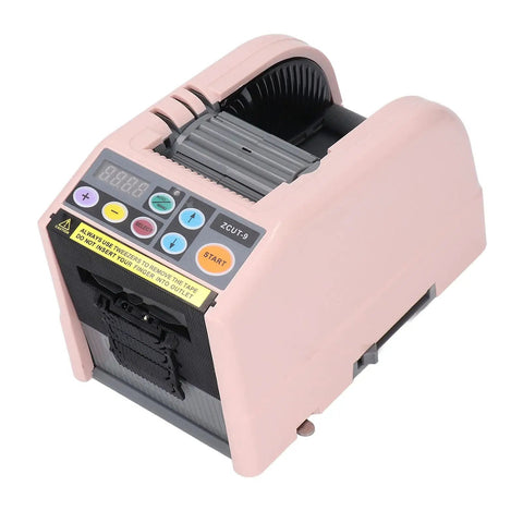 Electric Automatic Tape Dispenser And Ribbon Cutter Machine Featuring Smart Auto Sensor For 6 To 60 Mm Tape in pink, showcasing user controls and feed system.