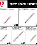 Heavy Duty Reciprocating Saw Blade Set, 12 Piece, Thick.042 and.062 Inch Blades, 1 Inch Height, White Finish in package