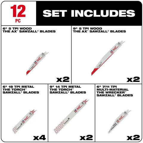Heavy Duty Reciprocating Saw Blade Set, 12 Piece, Thick.042 and.062 Inch Blades, 1 Inch Height, White Finish in package