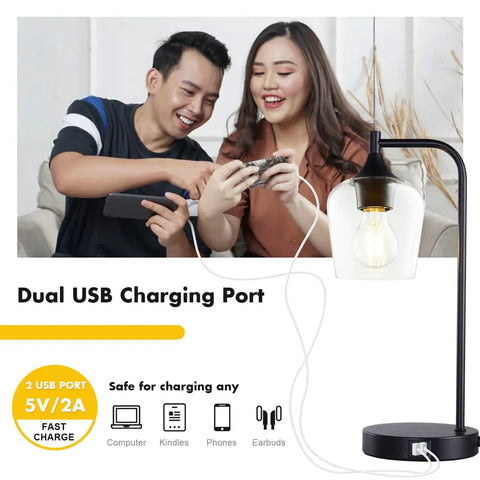 Industrial Table Lamps Set Of 2 For Bedroom And Living Room Dimmable 3 Way Touch Control Nightstand Lamps Black Finish With USB Ports E26 Bulbs Included next to a couple using a smartphone.