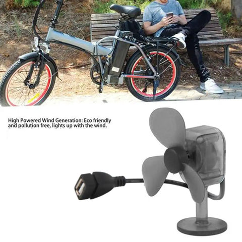 5W USB Mini Portable Wind Power Generator Charger for cars, bikes, EVs, shown near bicycle and USB connector detail.