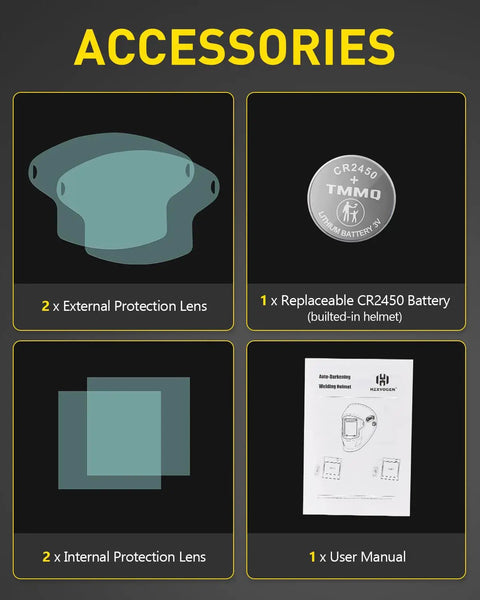 Auto Darkening Welding Helmet accessories including lens, CR2450 battery, and user manual.