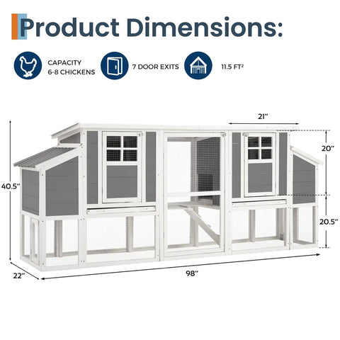 Diagram of 98 Inch Large Wooden Chicken Coop For 6 To 8 Chickens With Pull Out Tray, featuring dimensions and structure design.