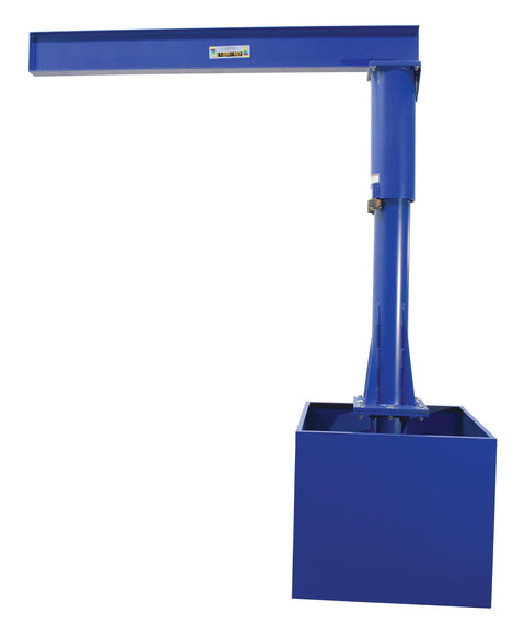 Built Tough Portable Jib Crane With Eight Foot Steel I Beam And 1000 Lb Capacity Rock Solid Blue Frame with fillable concrete base.