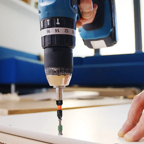 Using drill with PH3 Phillips Screwdriver Bit Set 20Pcs, 25mm Length, One Quarter Inch Hex Shank, installing a screw on wood.