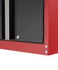 Close-up of red and black Tough Heavy Duty Metal Garage Storage Cabinet With Wall Mount 2 Door Design And Internal Locking System