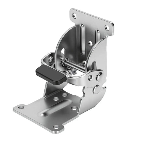 Carbon Steel Self Locking Hinges Folding Table Leg Brackets With 180 Degree Lock Design And Electroplated Finish For Table Legs Bed Frames And Workbenches Heavy Duty Beefy Built To Last, shown in silver with black component.