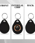 Front, internal chip, and back of 10 Pack M1 Classic 1K Key Fobs Proximity RFID Cards NFC Tags ISO14443A 13 56 MHz Black For Easy Entry Access Control