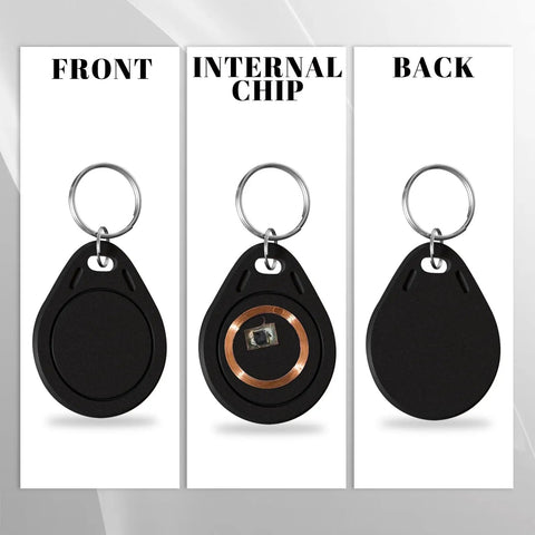 Front, internal chip, and back of 10 Pack M1 Classic 1K Key Fobs Proximity RFID Cards NFC Tags ISO14443A 13 56 MHz Black For Easy Entry Access Control