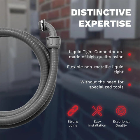 Tough As Nails One Half Inch 25 Foot Liquid Tight Electrical Conduit With Ul Certified Flexible Non Metallic Cable Armor And No Drama Connector Kit For Outdoor Weather Runs, showcasing flexible non-metallic connector.