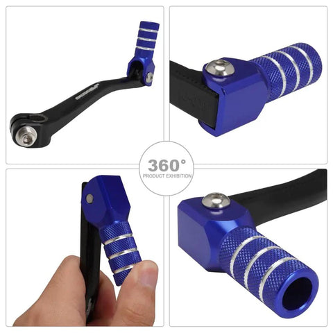 Close-up angles of Folding Gear Shifter Lever For 50cc To 125cc Pit Bikes And Dirt Bikes CNC Aluminum 6061T6 Universal Shift Pedal in blue.