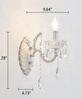 1 Light Distressed White Crystal Wall Sconce With Candle Style Vintage Farmhouse Vibe, French Country Crystal Drops, Elegant Bedroom Bathroom Hallway Living Room Light Fixture, shown with dimensions.