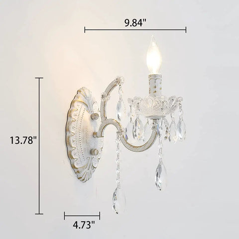 1 Light Distressed White Crystal Wall Sconce With Candle Style Vintage Farmhouse Vibe, French Country Crystal Drops, Elegant Bedroom Bathroom Hallway Living Room Light Fixture, shown with dimensions.