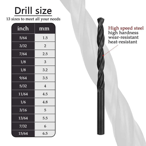 Front view of a black cobalt drill bit set showing 13 metric sizes from 1.5 mm to 6.5 mm