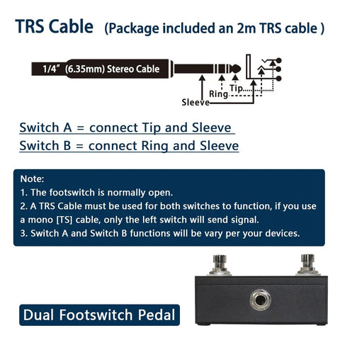 Diagram explaining Dual Latching Footswitch Pedal for Guitar Amp with TRS Cable Two Tap Switches A and B usage