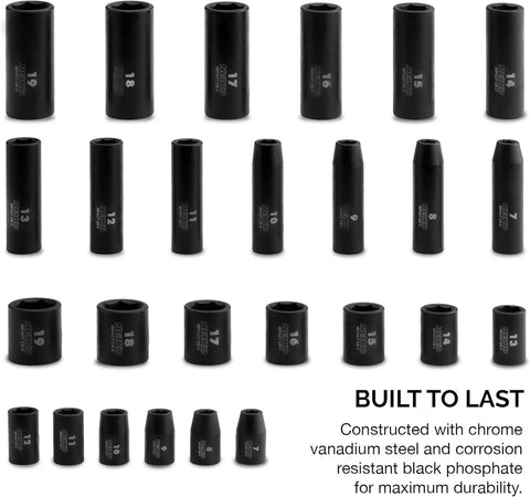 Three Eighths Inch Drive Metric Impact Socket Set, 26 Piece, Deep And Standard Hex Sockets, 7mm To 19mm, Cr-V Steel