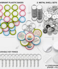 Components of 50 Pack Keychain Button Making Kit For 1.25 Inch Button Makers, featuring colorful bases, metal shells, and key rings.
