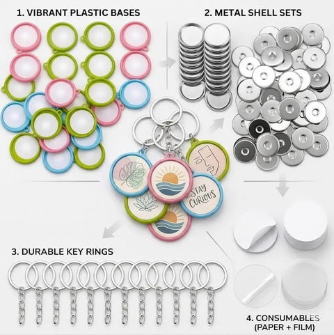 Components of 50 Pack Keychain Button Making Kit For 1.25 Inch Button Makers, featuring colorful bases, metal shells, and key rings.