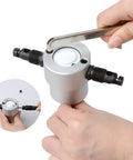 Dope Double Head Metal Nibbler Cutter With Nonslip Handle Fits Electric Drill for Straight And Curved Cuts on thin metal sheet, hands using tools.
