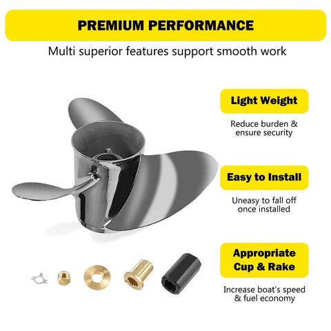 Stainless Steel Outboard Propeller 14.5 Inch Diameter 19 Pitch For Mercury 135-300HP And Mercruiser Alpha One Right Hand Rotation 15 Spline Hub Kits Included, with accessory parts, and text highlighting premium performance features in yellow boxes.