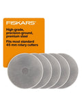 45mm Rotary Cutter Replacement Blades 5 Pack Ultra Sharp Precision Knives For Fabric Vinyl And Paper With Non Stick Coating For Smooth Cuts Heavy Duty Craft Supplies display on a white background showing five circular steel blades.
