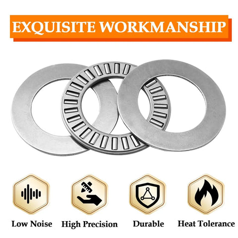 Heavy Duty ET Thrust Needle Roller Bearings With NTA1220 Plus 2TRA, three quarter inch bore, shown with washers, built for heavy load machinery.