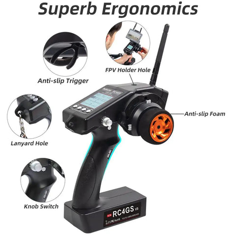 5 Channel 2.4GHz RC Transmitter And Receiver Combo With Gyro Stabilization ergonomic design showing anti-slip trigger and foam