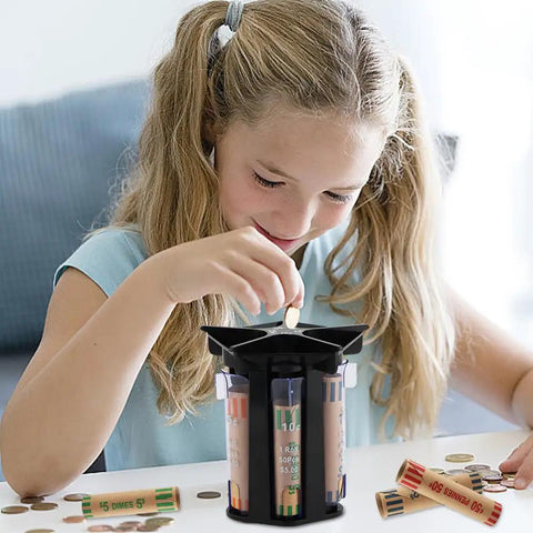 Child using Easy Coin Sorter Tube Set with Wrappers, 5 in 1 Change Counter Machine for Home or Office with clear tubes showing coins
